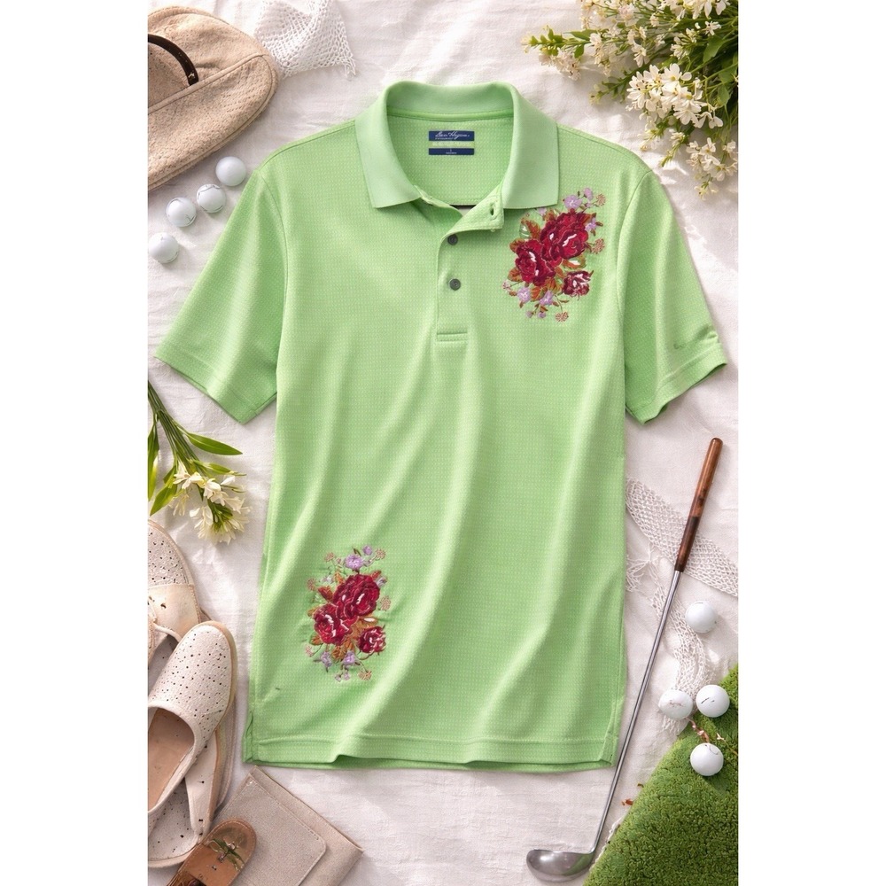 Ben Hogan Performance Polo Shirt L Green Custom Floral Embroidered Golf Shirt - Picture 1 of 16